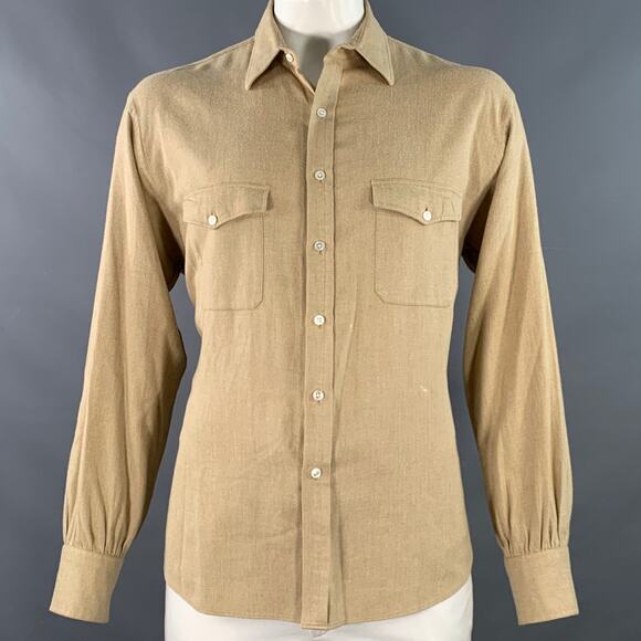 TURNBULL & ASSER Size XL Beige Herringbone Cotton 2 Pockets Long Sleeve Shirt - Picture 1 of 10